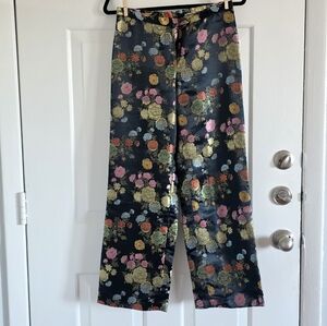Black Floral Satin Wide-Leg Trousers